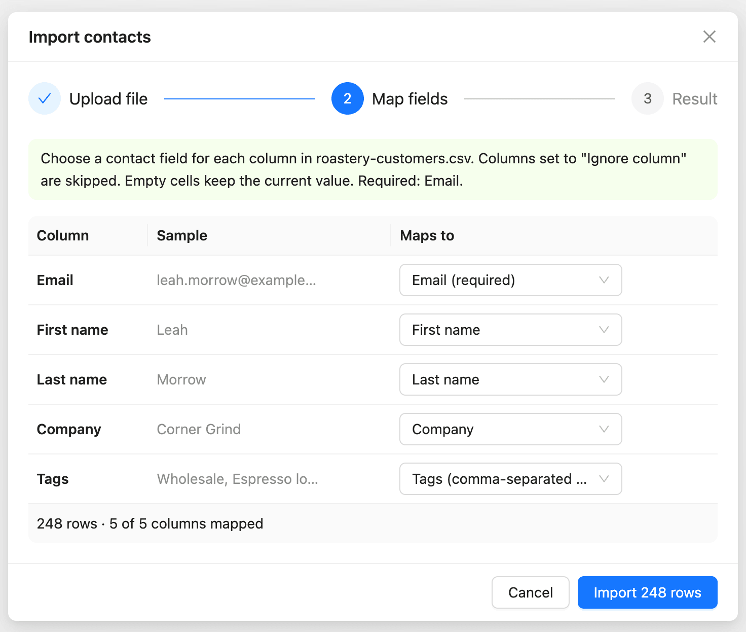 The Map fields step with each column, its sample value and the contact field it maps to