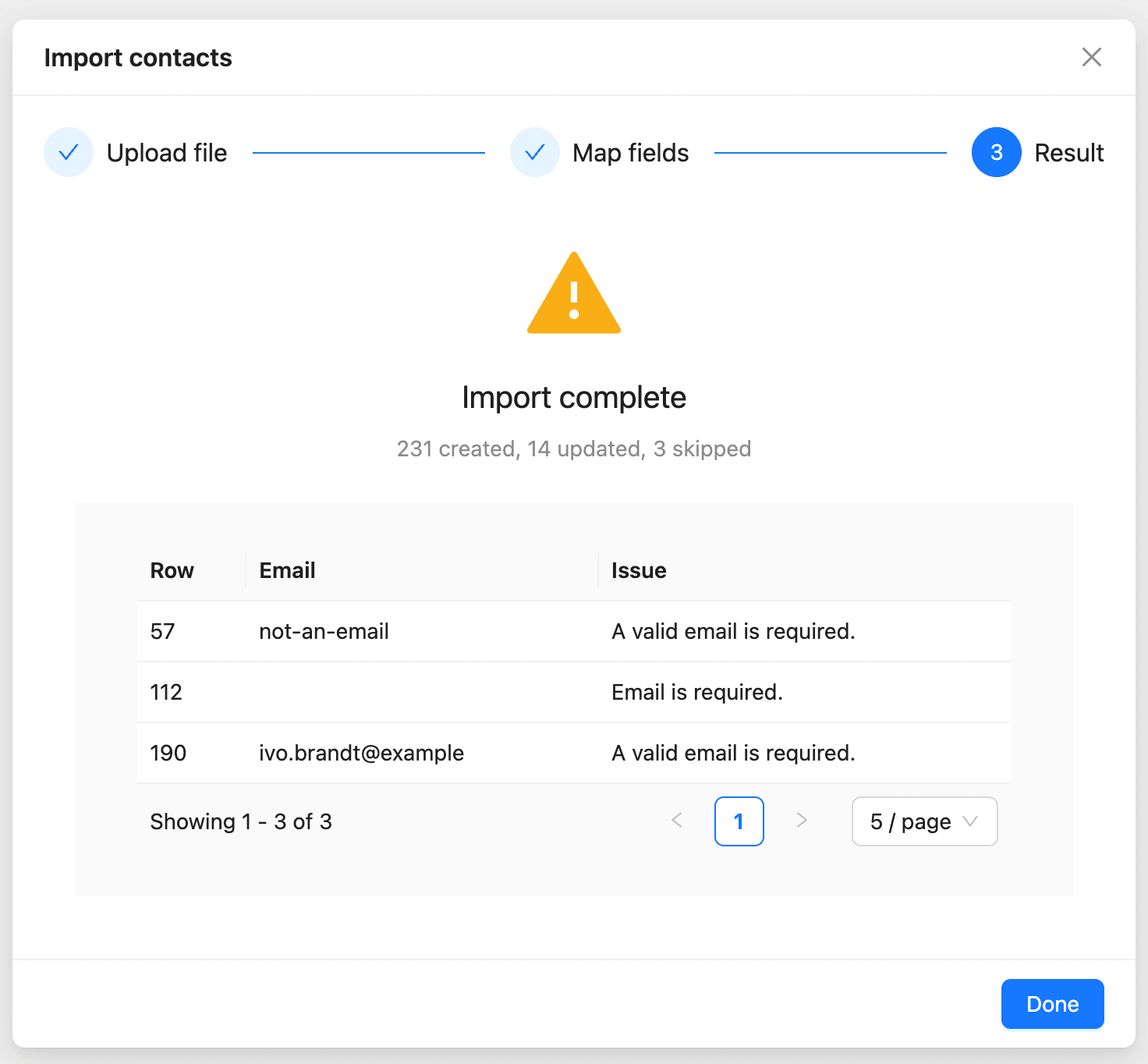 The Result step with the created, updated and skipped counts and the skipped rows