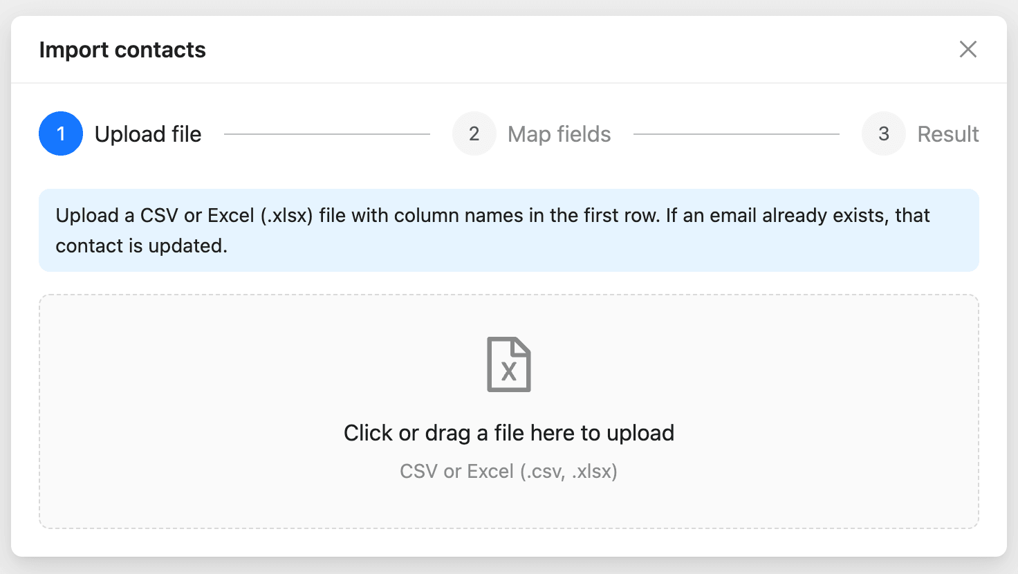 The Upload file step of the Import contacts window