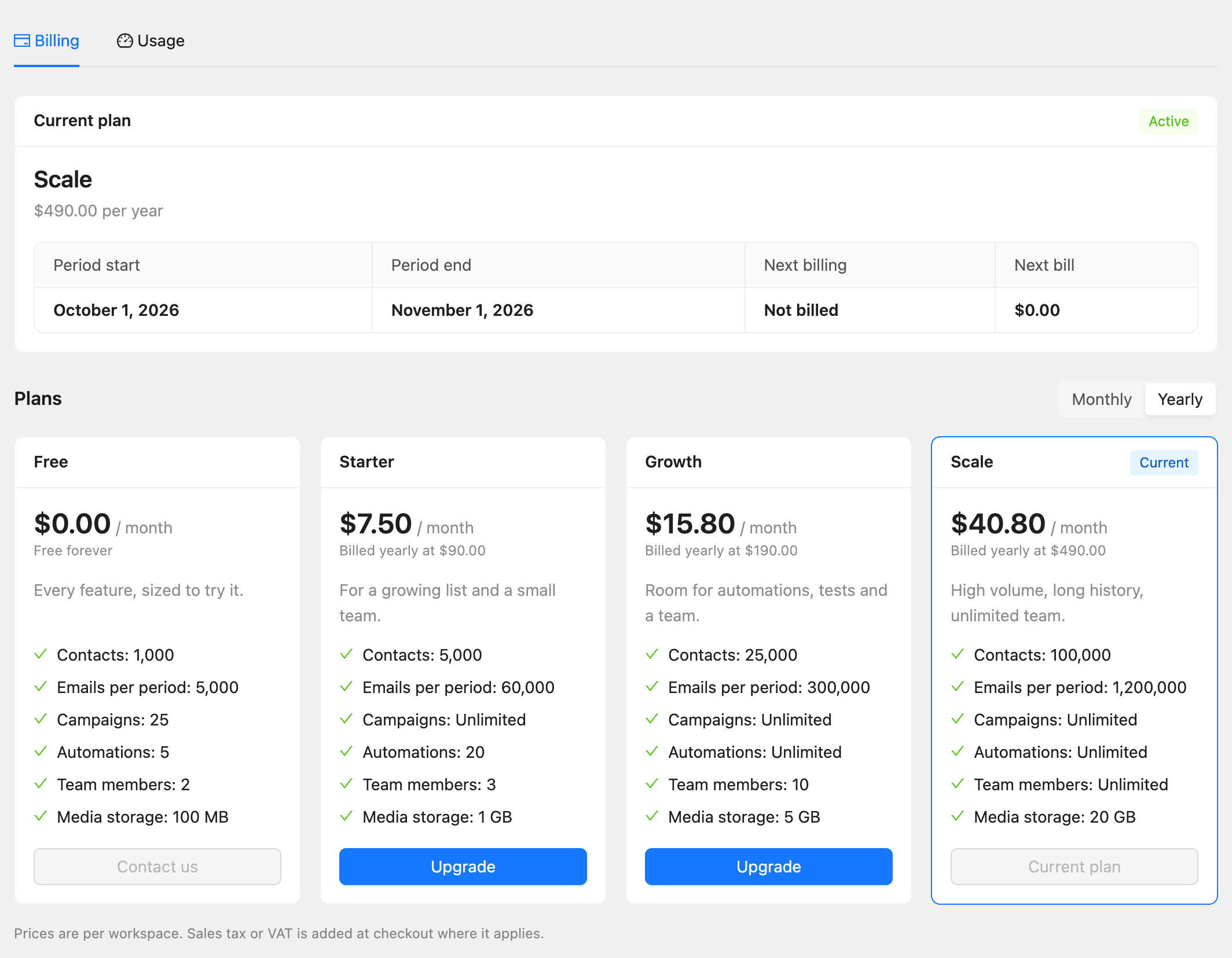 The Plans section of the Billing tab with the four plans and their main limits