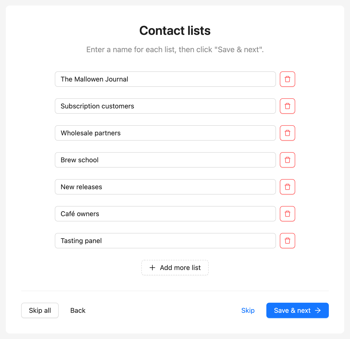 The Contact lists step with one list name in each row and the Add more list button