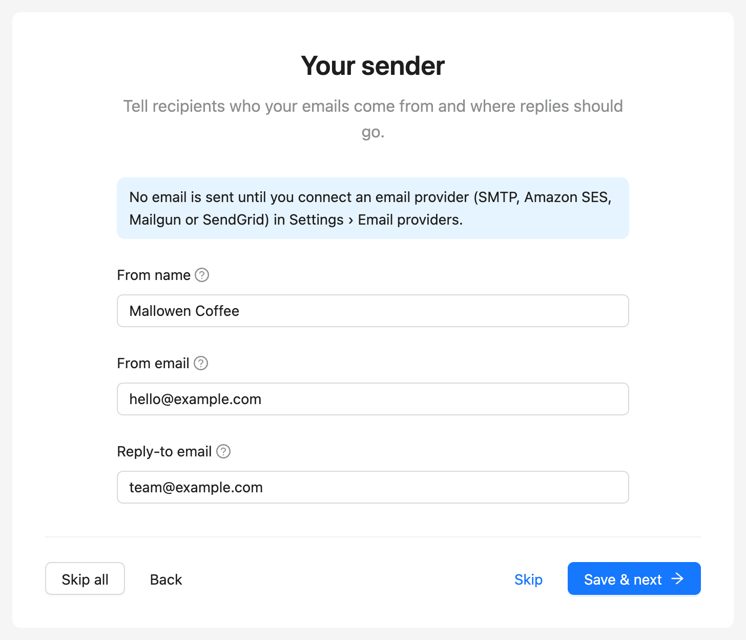 The Your sender step with From name, From email and Reply-to email