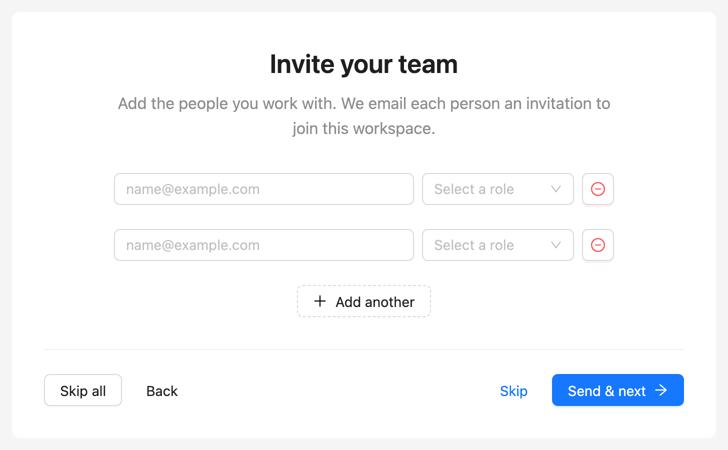 The Invite your team step with email and role fields