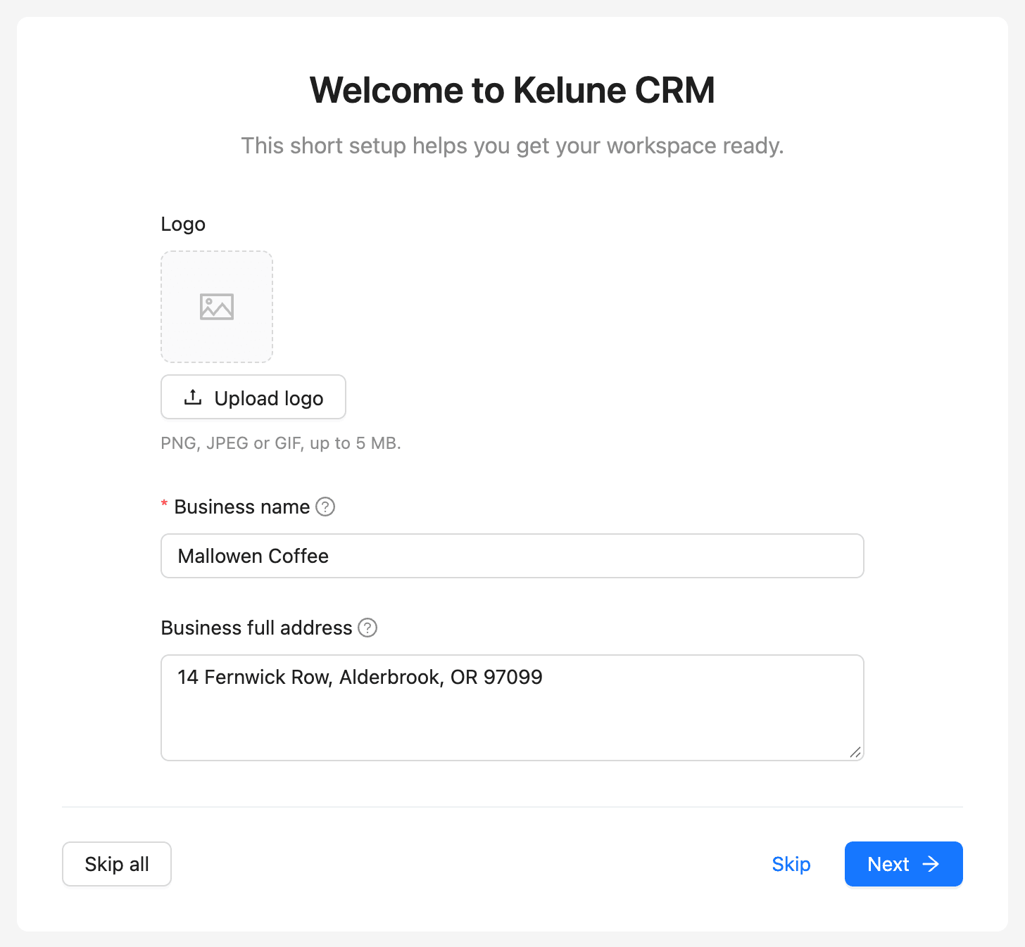 The Welcome step with the logo, Business name and Business full address fields