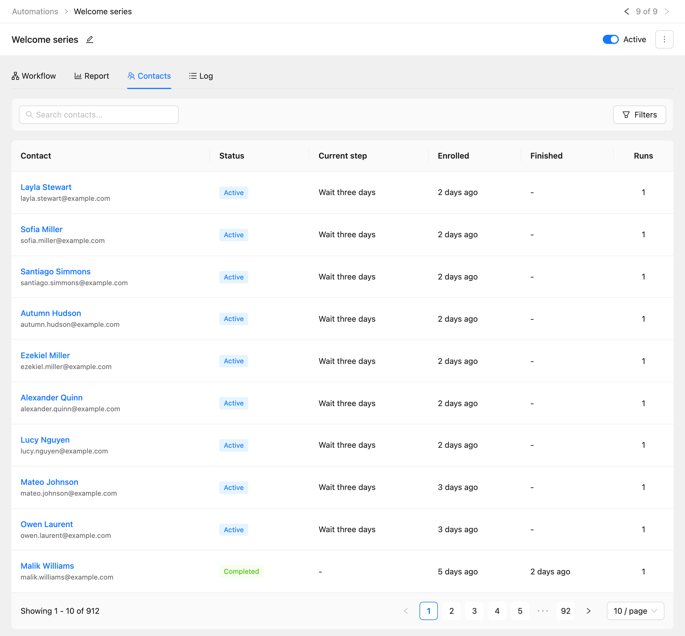 The Contacts tab with each contact, their status, current step, enrolled and finished times and runs