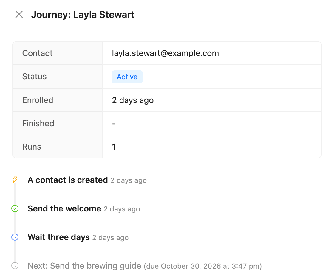 A contact’s journey with each step they passed, the branch they took and the next step
