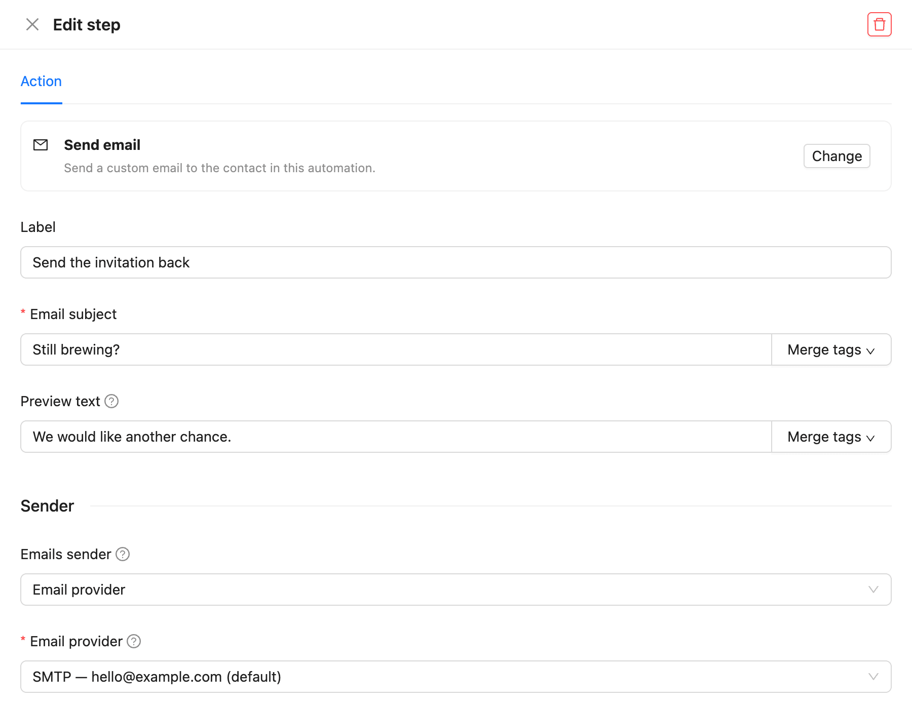 The Edit step drawer for a send email step with the subject, preview text, sender and content
