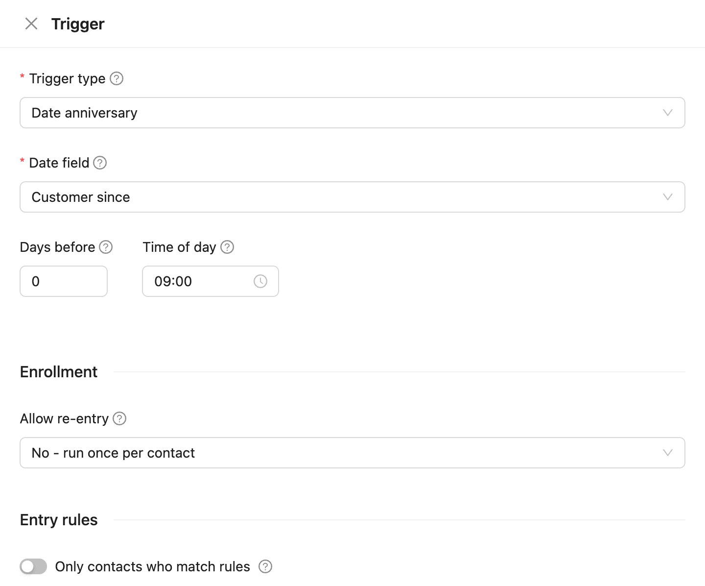 The Trigger drawer with the trigger type and its settings, re-entry and entry rules