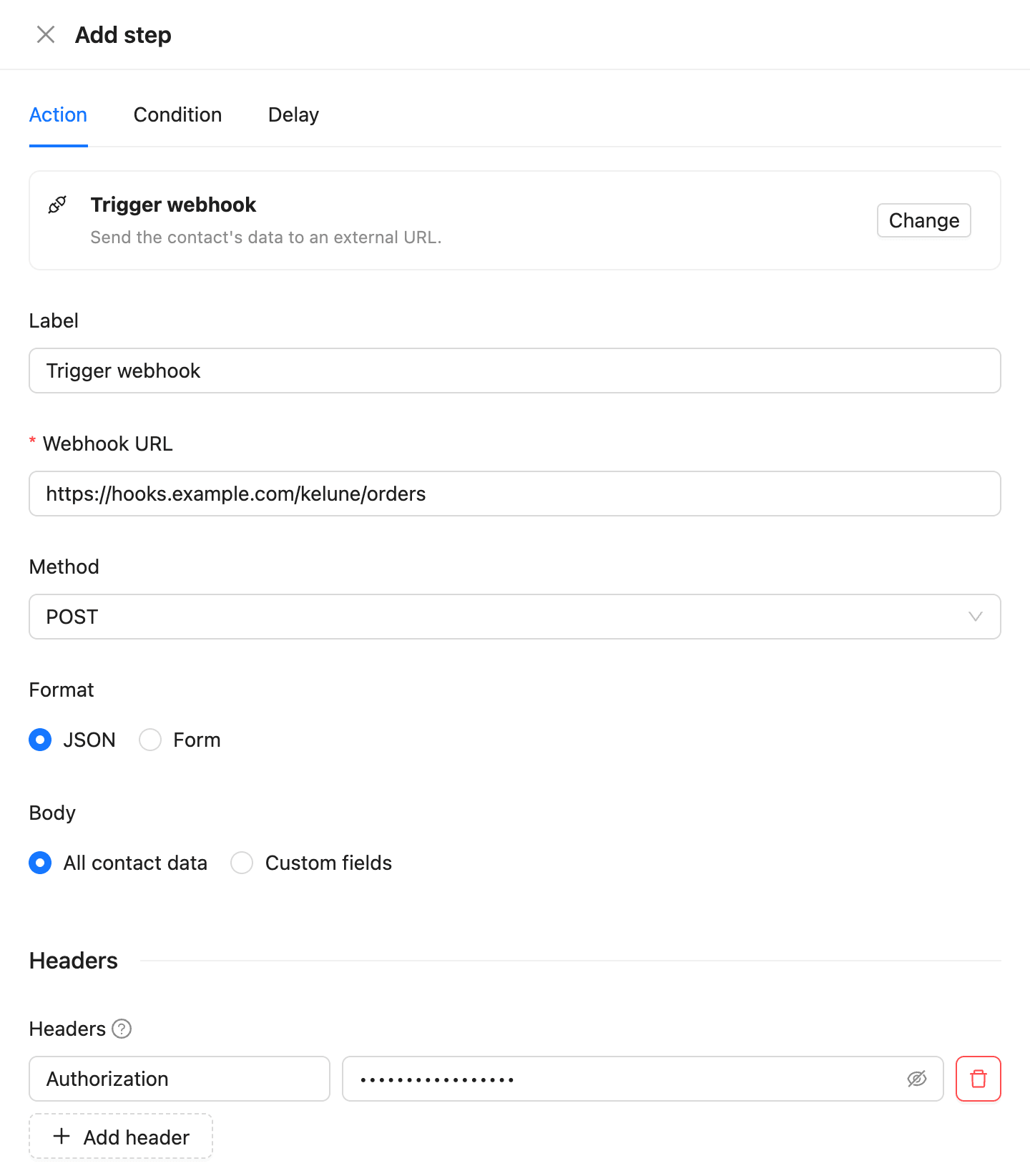 The Trigger webhook step with the URL, method, format, body and headers