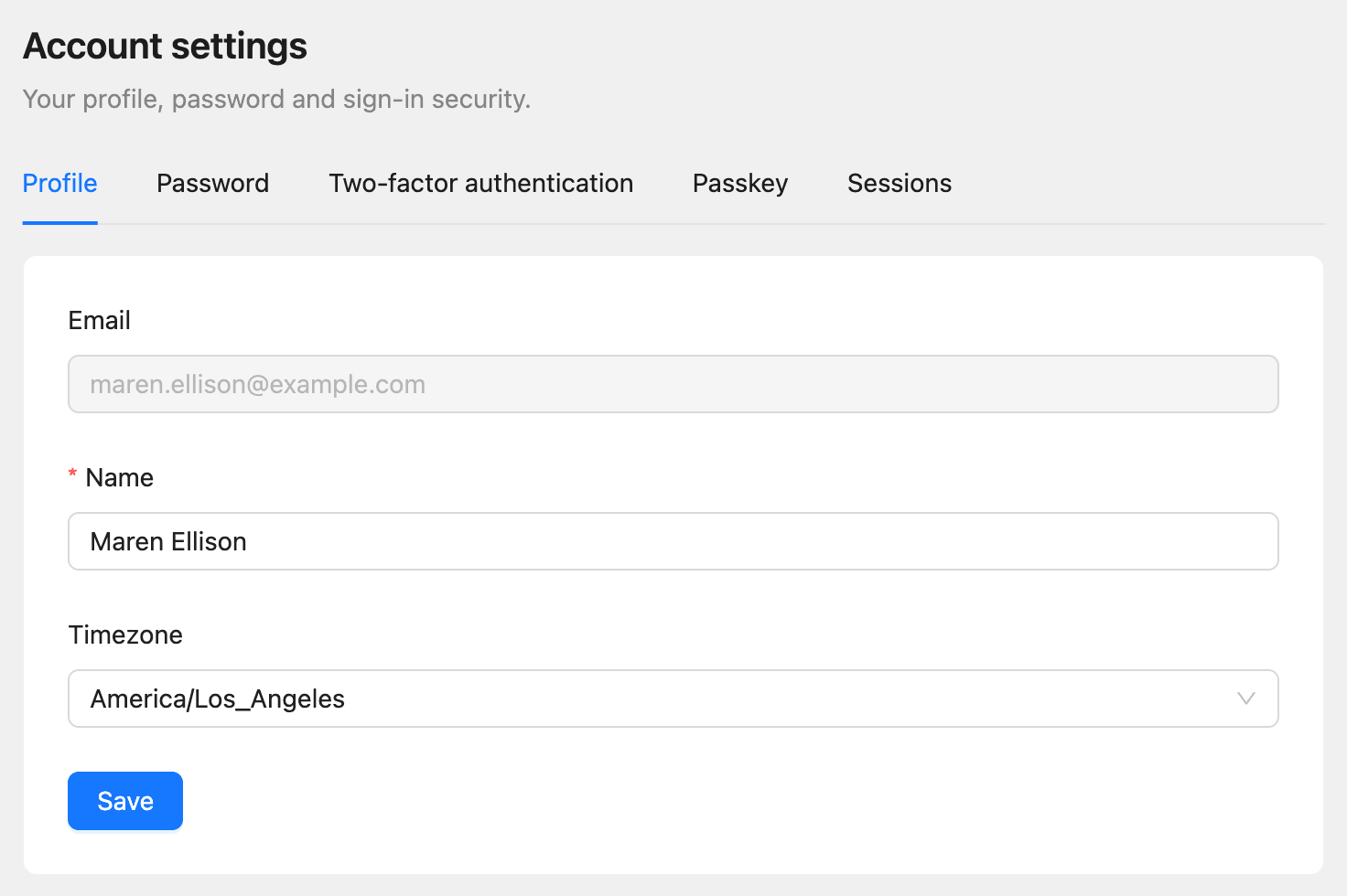 Account settings on the Profile tab with the email, name and time zone