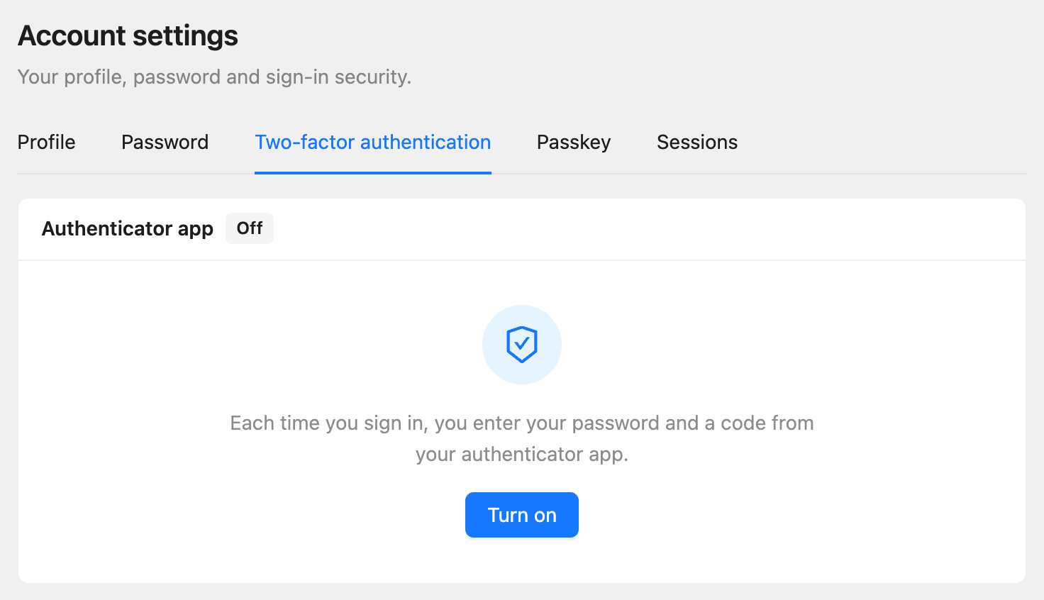 The Two-factor authentication tab with the authenticator app turned off and the Turn on button