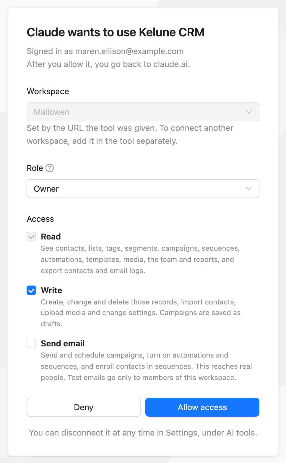 The approval screen with the workspace, the role and the Read, Write and Send email access