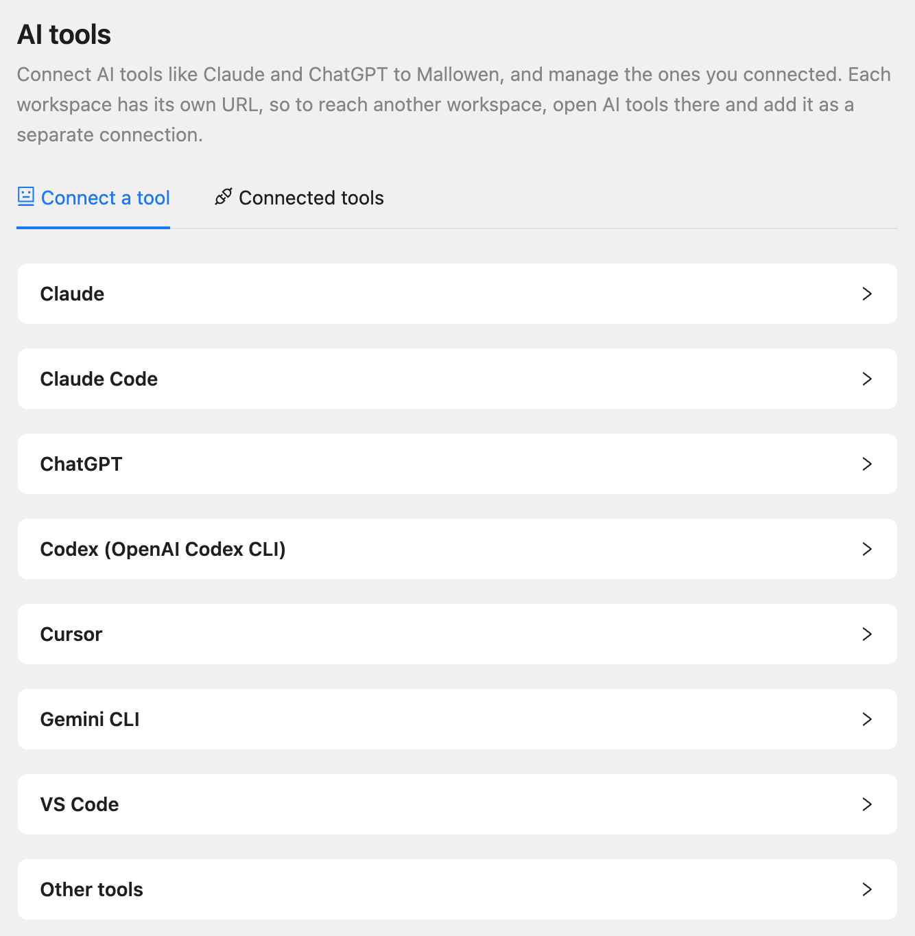 The AI tools page with Claude, Claude Code, ChatGPT, Codex, Cursor, Gemini CLI, VS Code and other tools
