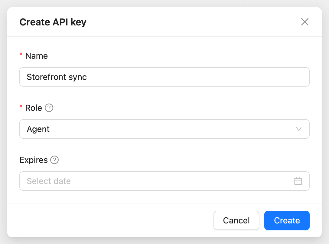 The Create API key window with the Name, Role and Expires fields