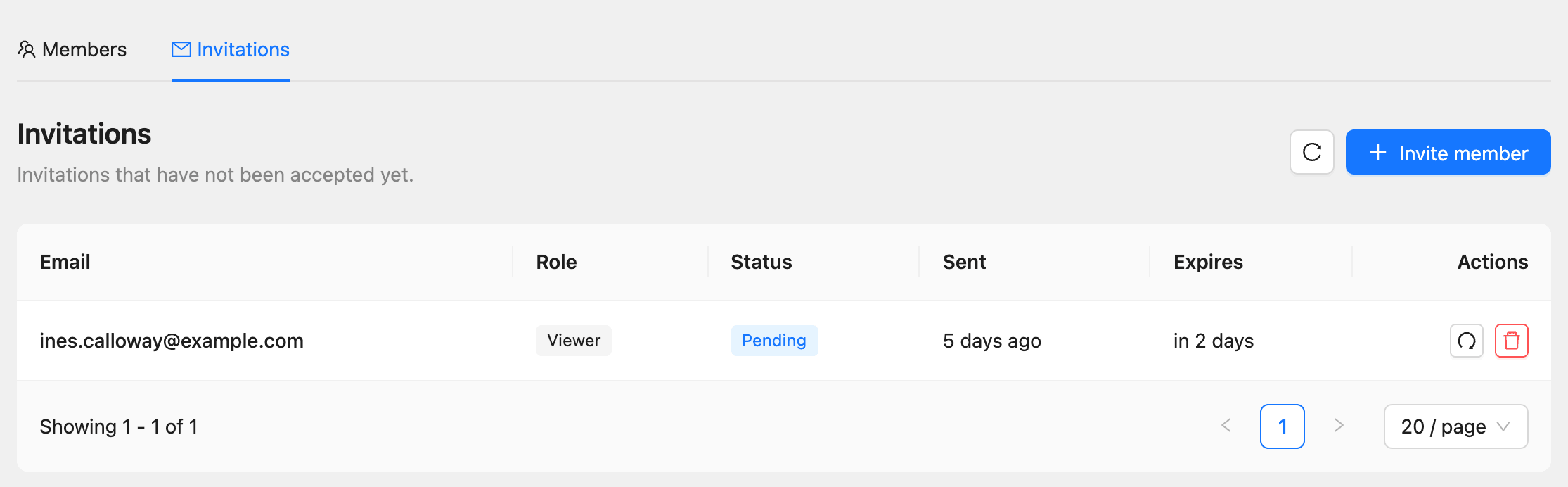 The Invitations tab with a pending invitation, its role, sent and expiry times