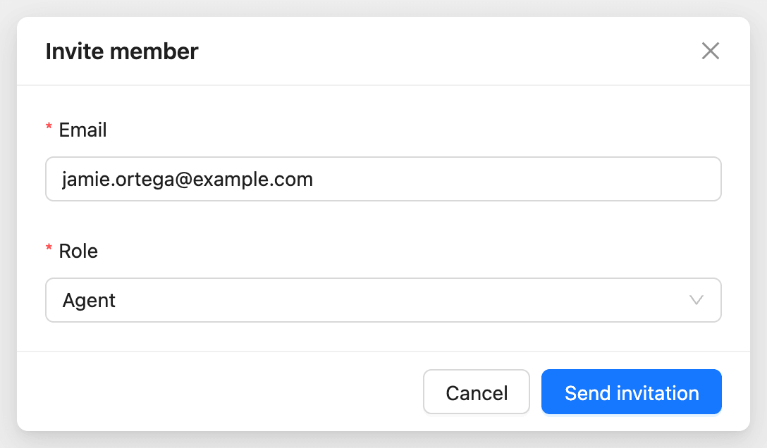 The Invite member window with the Email and Role fields