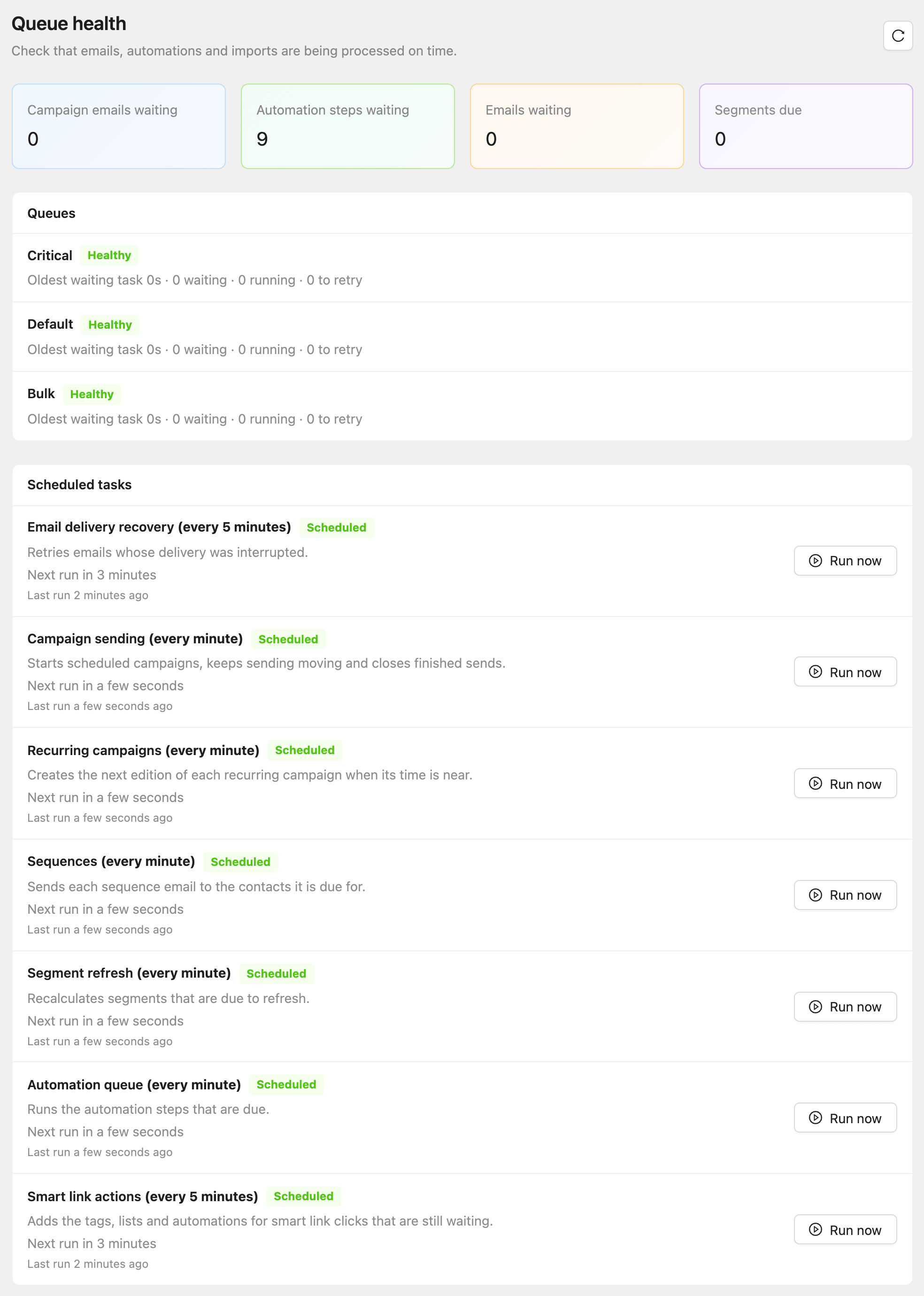 The Queue health page with this workspace’s waiting work, the three queues and the scheduled tasks