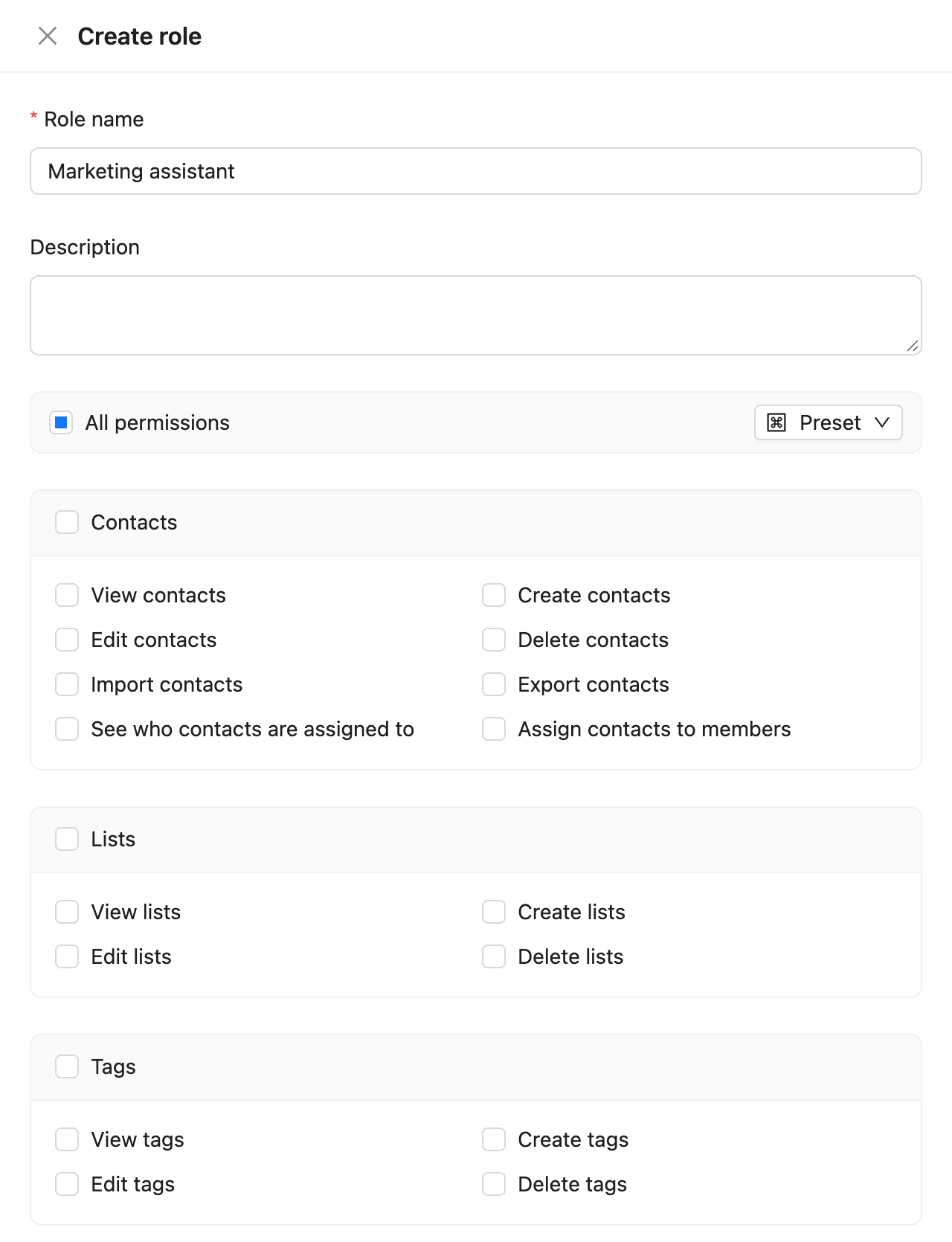 The Create role drawer with the name, description and the permission groups