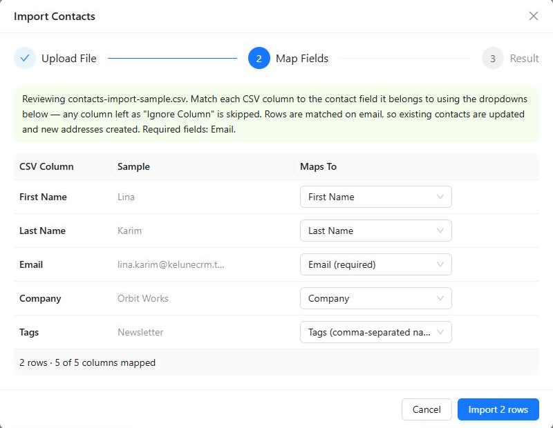 Import Contacts mapping step with five spreadsheet columns mapped