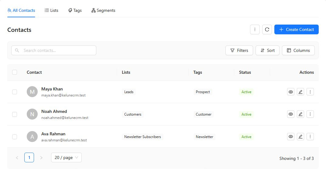 Kelune CRM Contacts table with sample contacts, lists, tags, and statuses
