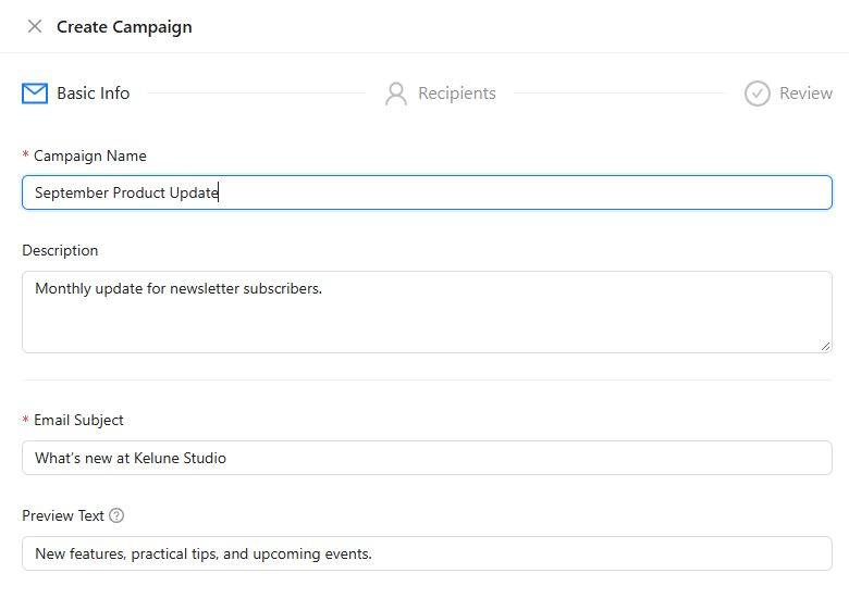 Create Campaign form showing the complete Basic Info fields