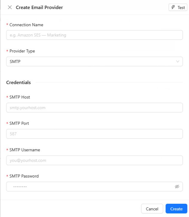 Create Email Provider form showing SMTP credentials and sender settings