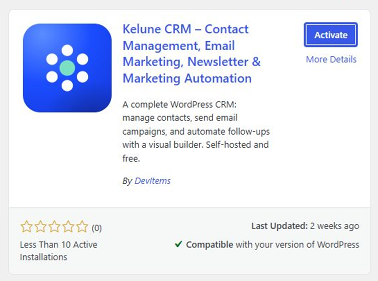 Activate Kelune CRM from the WordPress Add Plugins screen