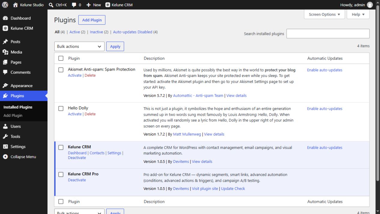 WordPress Plugins screen with Kelune CRM and Kelune CRM Pro active