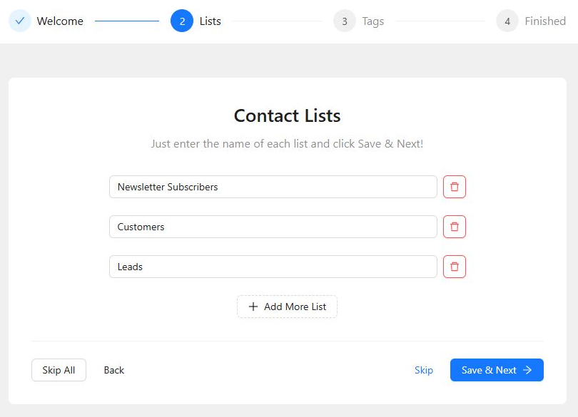 Contact Lists step with three starter lists