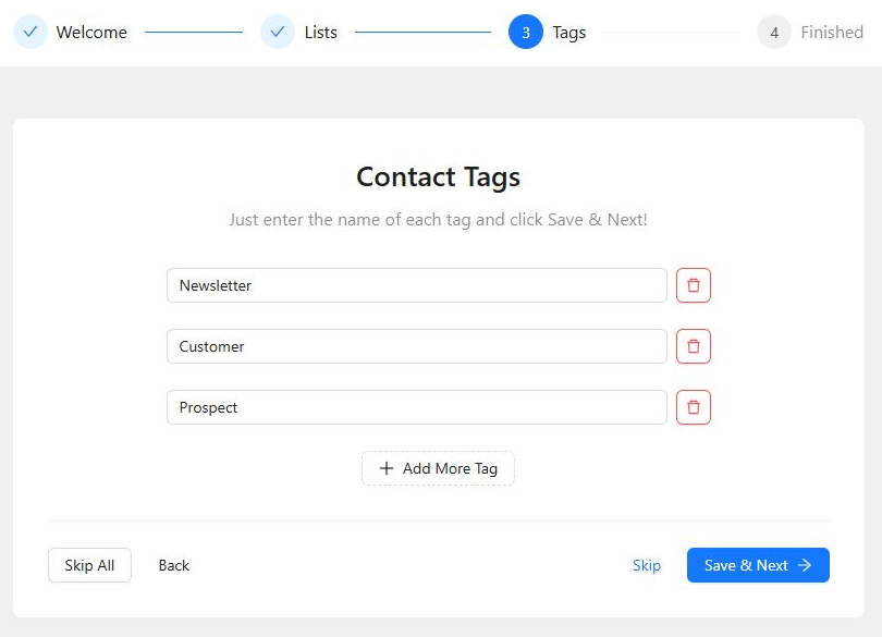 Contact Tags step with three starter tags