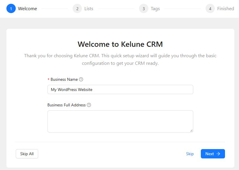 Welcome step of the Kelune CRM setup wizard