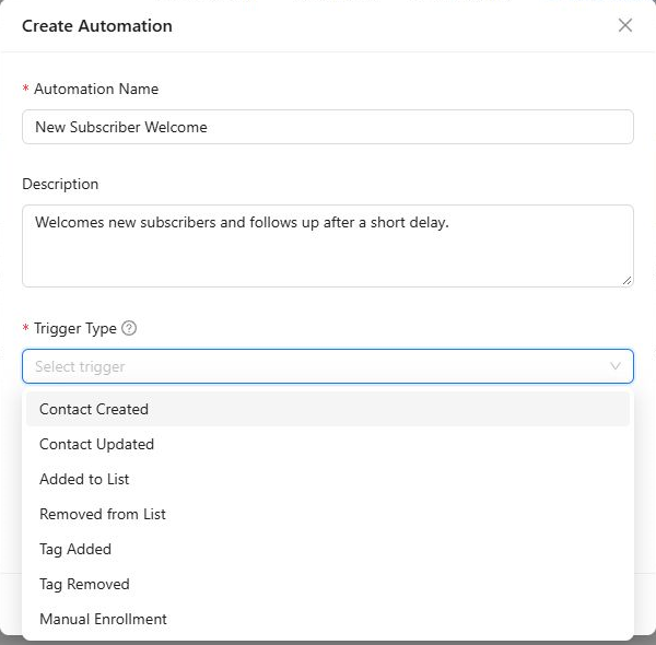 Automation trigger menu with contact, list, tag, and manual enrollment options