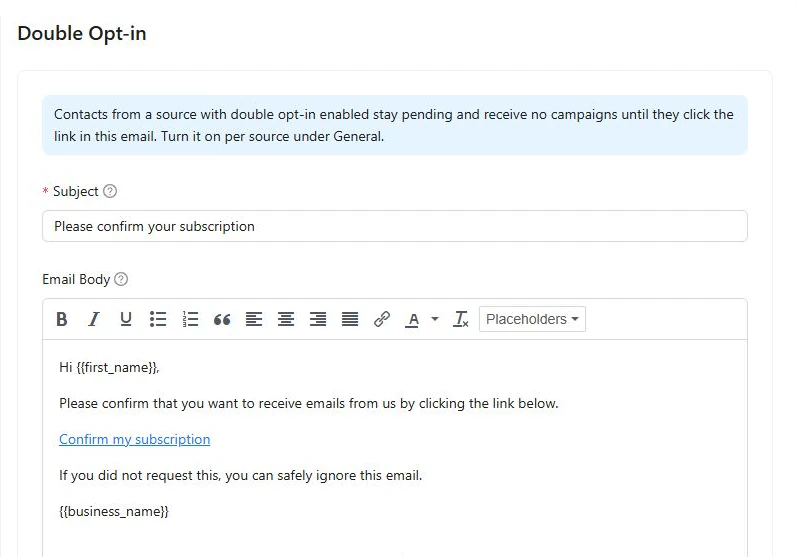 Kelune CRM Double Opt-in settings with the confirmation email editor