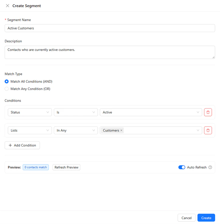 Create Segment drawer with rules for active customers