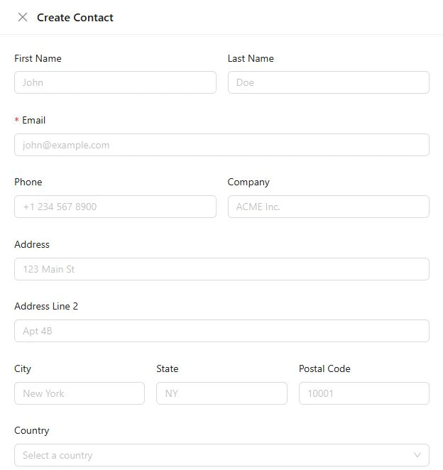 Create Contact form showing personal, company, and address fields