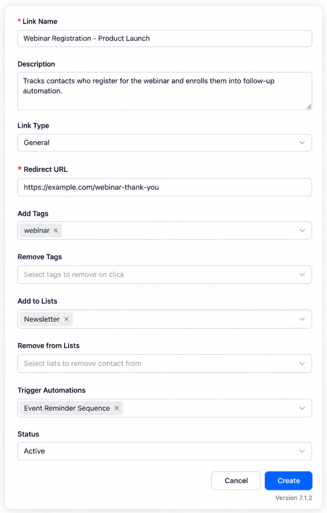 Create Smart Link configuration modal with click actions