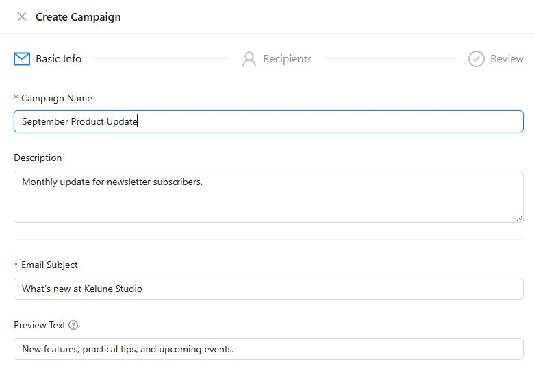 Create Campaign form showing the complete Basic Info fields