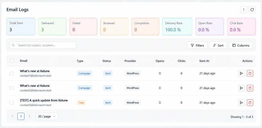 Email Logs dashboard with delivery totals, filters, and message history