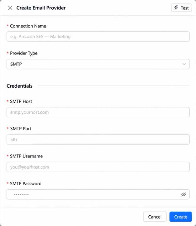 Create Email Provider form showing SMTP credentials and sender settings