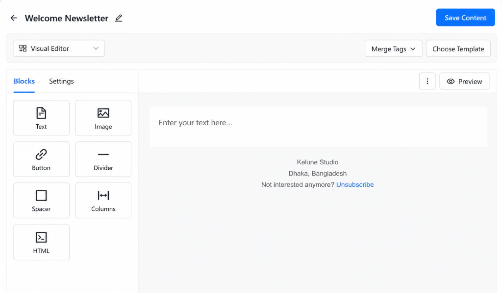 Kelune CRM visual email template builder with content blocks and settings