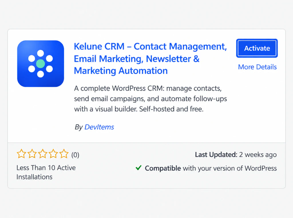 Activate Kelune CRM from the WordPress Add Plugins screen