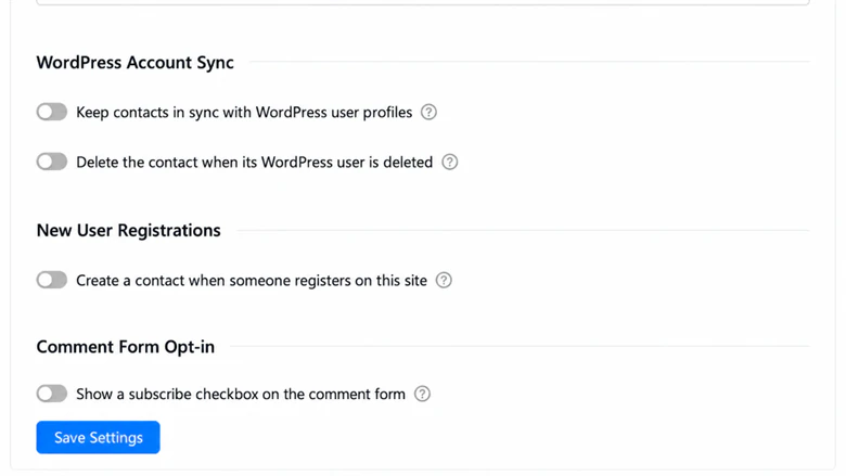 WordPress synchronization, registration, and comment opt-in settings