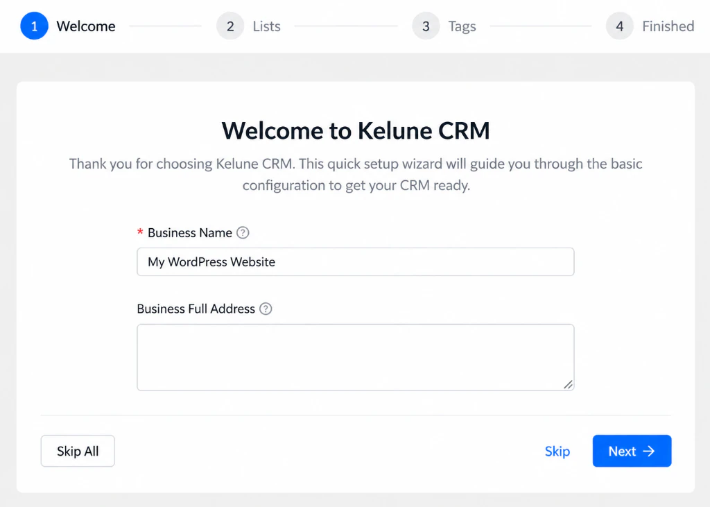 Kelune CRM setup wizard welcome screen