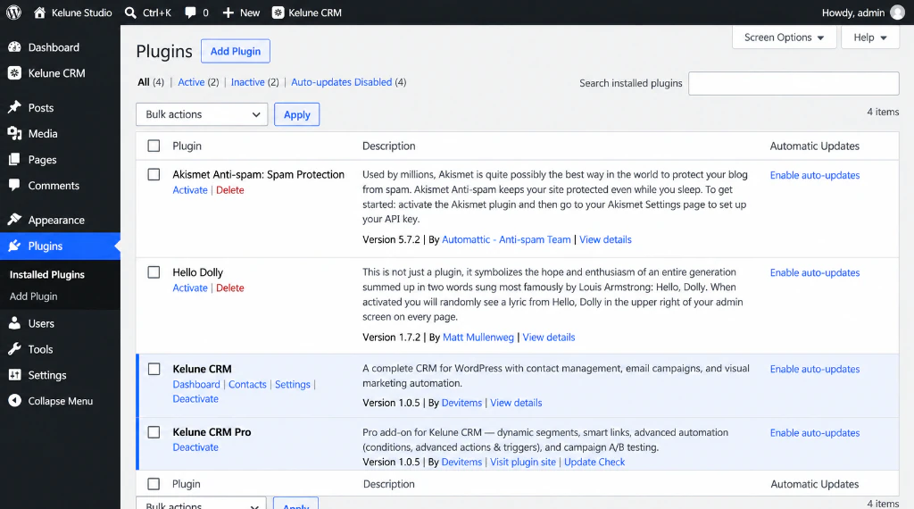 WordPress Plugins screen with Kelune CRM and Kelune CRM Pro active