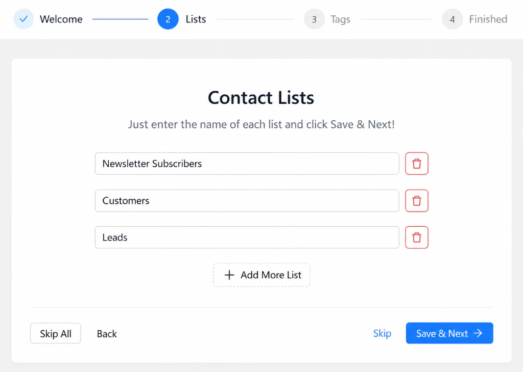 Contact Lists step with three starter lists