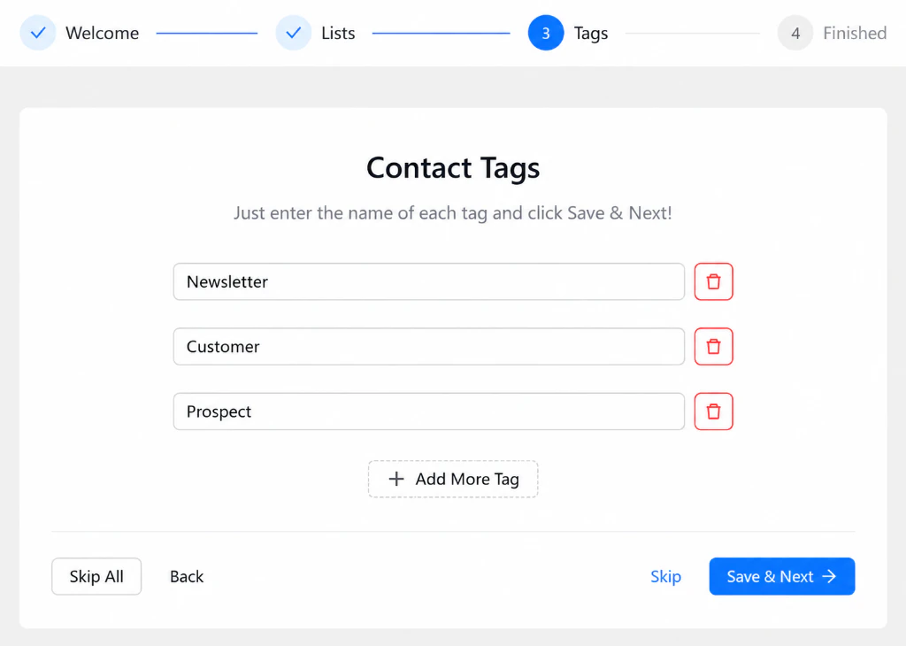 Contact Tags step with three starter tags