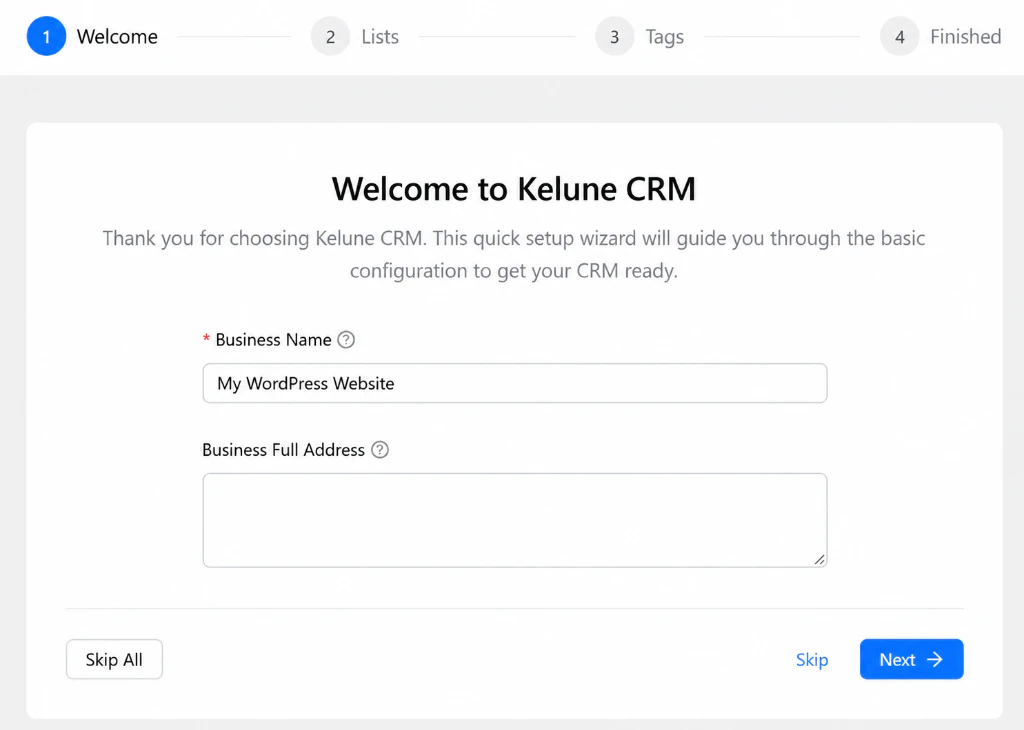 Welcome step of the Kelune CRM setup wizard