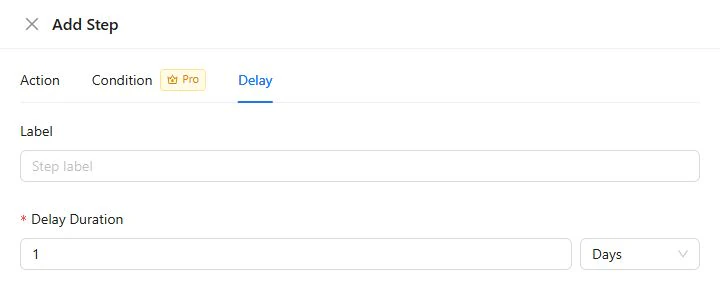 Delay step configuration with duration and time-unit controls