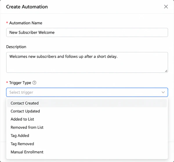 Automation trigger menu with contact, list, tag, and manual enrollment options