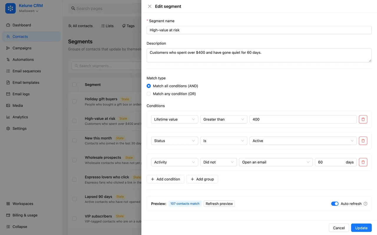 Editing the segment High-value at risk: lifetime value over 400, active, no email opened in 60 days